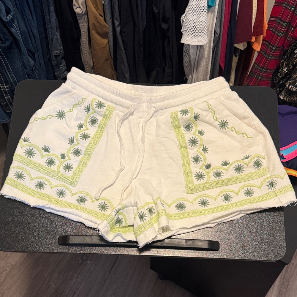 Anthropologie White Shorts with Green Embroidery